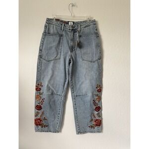 Driftwood Becky Barrel Jeans sz 8 Blue Floral Embroidered boho relaxed 90s